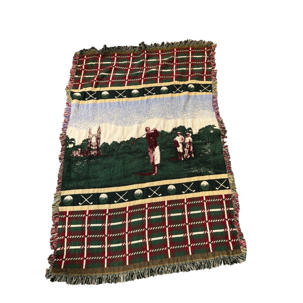 The Rug Barn Golf Tapestry Throw Blanket 46x60 Multicolor Woven Plaid Fringe